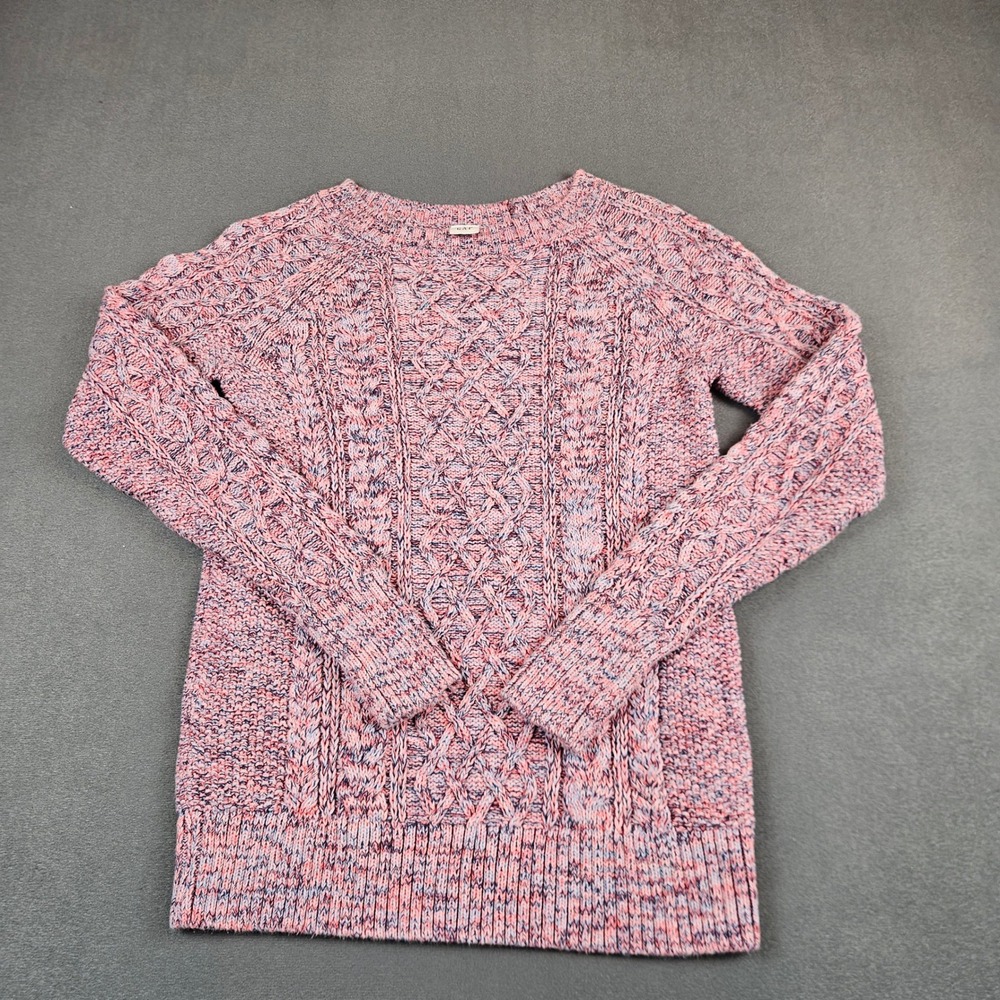 Gap Womens XS Petite Pink Blue Marled Cable Knit Crewneck Sweater Raglan Sleeve